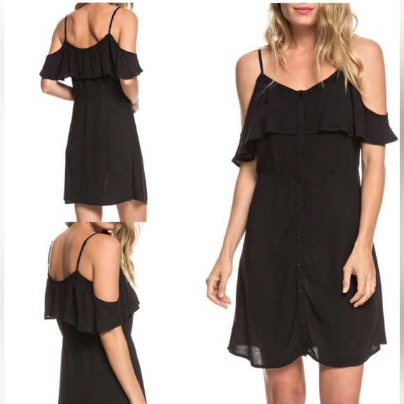 Roxy Hot Spring Streets Cold Shoulder Mini Dress Size S Black Button Front Beach - Picture 1 of 16
